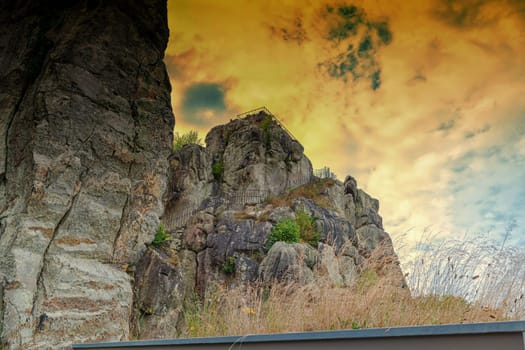 The Externsteine, striking sandstone rock formation in the Teutoburg Forest, Germany, North Rhine Westphalia