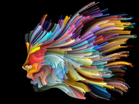 Face of Color series. Creative arrangement of human profile and colorful lines of moving paint for subject of creativity, design, internal world, human nature and artistic soul