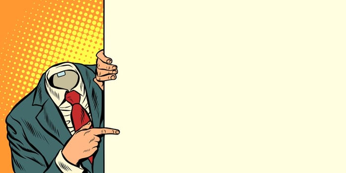 businessman pointing horizontal orientation. Pop art retro vector illustration vintage kitsch drawing