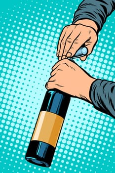 opens a bottle of wine. Pop art retro vector illustration vintage kitsch drawing