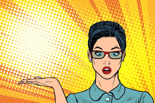 Woman presentation gesture. Pop art retro vector illustration cartoon comics kitsch drawing