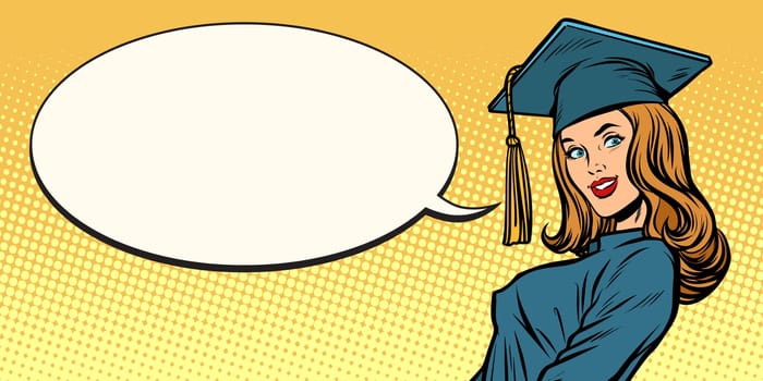 woman graduate pop art retro vector illustration comic cartoon kitsch vintage drawing