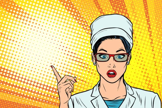 Surprised doctor woman presentation gesture. Pop art retro vector illustration cartoon comics kitsch drawing