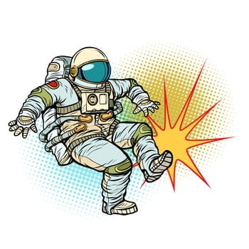 Astronaut kick neutral isolated background. Pop art retro vector illustration cartoon comics kitsch drawing