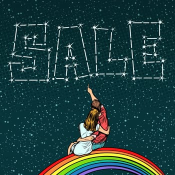 Couple man and woman dreaming of a sale. Pop art retro comics cartoon vector illustration kitsch drawing