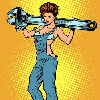 sexy woman in work overalls with a wrench. Pop art retro vector illustration comic cartoon kitsch drawing