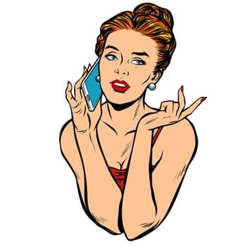 Beautiful woman talking on the phone. Isolated on white background. Pop art retro vector illustration comic cartoon kitsch drawing