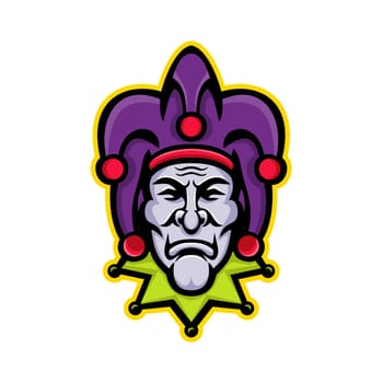 Mascot icon illustration of head of a jester, court jester, or fool, historically an entertainer during the medieval and Renaissance eras viewed from front on isolated background in retro style.