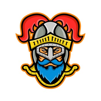 Mascot icon illustration of head of a  viewed from knight wearing a helmet with ostrich plumage viewed from front on isolated background in retro style.