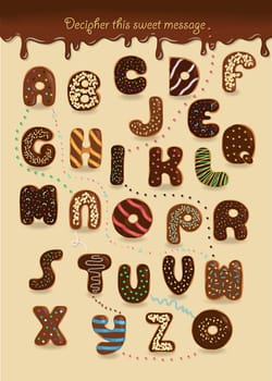 Artistic alphabet with encrypted romantic message Will you go with me? Cartoon blue letters with bright decor. Male and female hands looking at each other. Yellow question mark. Illustration