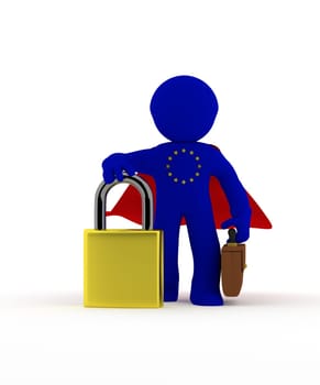 Small super hero businessman character with Padlock, GDPR concept, 3d rendering
