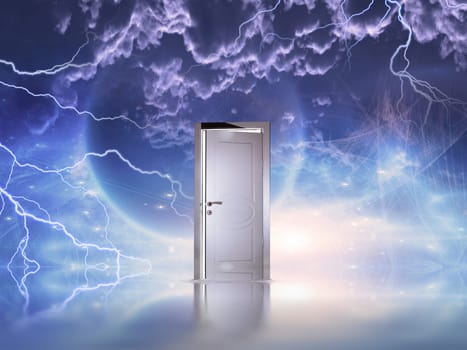 Surreal space scene. White door symbolizes portal to another dimension