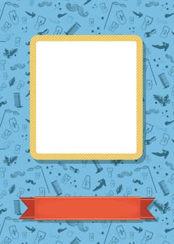 Retro greeting card. Vintage gray items - boots, mustaches, eyeglasses, letters and other. Yellow frame for custom photo. Red banner for custom text. Blue background