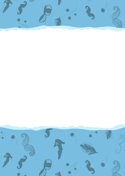 Retro greeting card. Vintage items - black boots, inkwell, mustaches and other. Blue background. Torn edge of paper