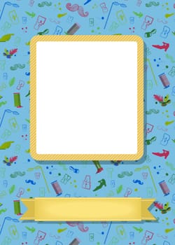 Retro greeting card. Vintage colorful items - boots, mustaches, eyeglasses, letters and other. Yellow frame for custom photo. Yellow banner for custom text. Blue background