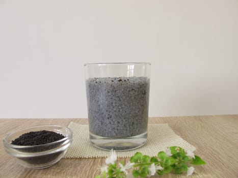 Gel drink in a glass from the swelled superfood basil seeds and water