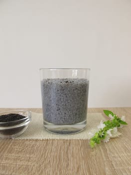 Gel drink in a glass from the swelled superfood basil seeds and water