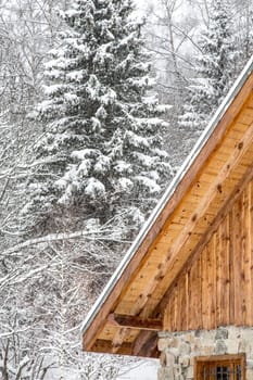 Chalet covered with snow in the French Alps
