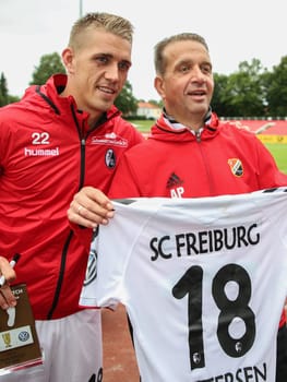Nils Petersen ( SC Freiburg) with father Andreas Petersen (coach Germania Halberstadt) at the DFB Cup game 2017/18 VfB Germania Halberstadt - SC Freiburg on 12.08.2017
