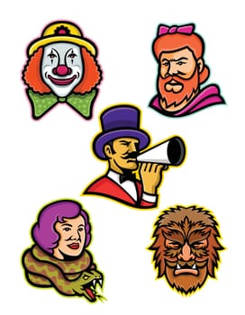 Mascot icon illustration set of heads of circus performers and freaks like the bearded lady or woman, wolfman or wolfboy, snake lady or charmer, circus whiteface clown and circus ringleader or ringmaster on isolated background in retro style.