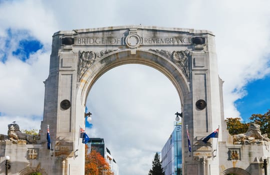 Bridge of Remembrance in the cloudy day. The landmark located in the city centre of Christchurch, New Zealand.