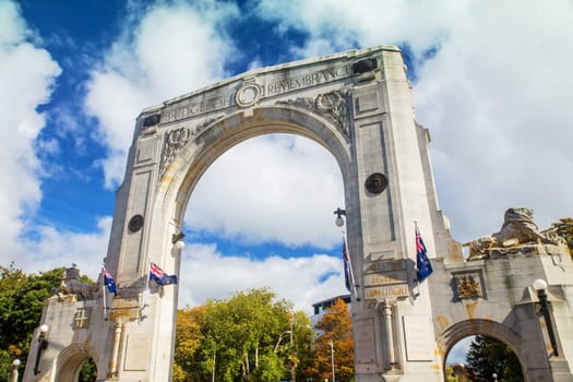 Bridge of Remembrance in the cloudy day. The landmark located in the city centre of Christchurch, New Zealand.