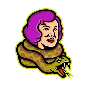Mascot icon illustration of head of a circus freak snake lady or snake charmer with python, a circus performer or entertainer viewed from side on isolated background in retro style.