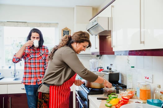 Mid adult man is relaxing in the kitchen talking to his mother while she prepares a curry on the cooker.