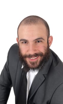 A young businessman in an portrait image wearing a suit with a .beard and mustache, smiling, isolated for white background.