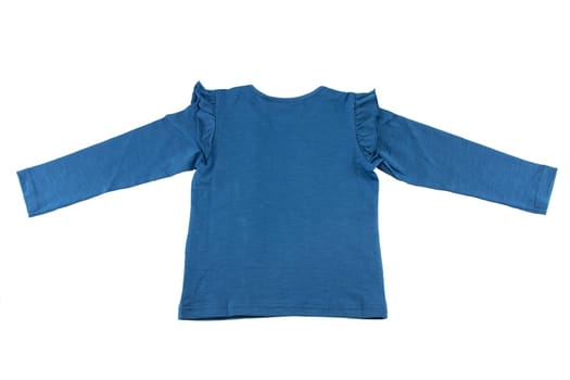 Backview of childrens blue sweater with long sleeves isolated on white. Fashion for children.