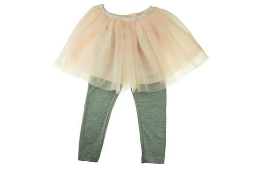 Pink summer skirt and leggings isolated on white background. Fashion for children. Ballerina clothes.
