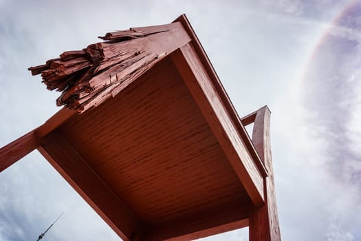 Geneva, Switzerland - April 04,2018: The Place of Nations,  gigantic 'Broken Chair', symbol of the fight against landmines at May 10, 2013 in Geneva, Switzerland. Around are the headquarters of about 250 international organizations. Artist Daniel Berset.