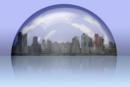 City enclosed in glass sphere