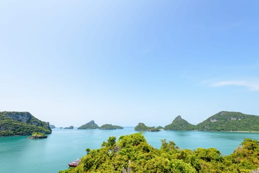 High angle view beautiful nature landscape during summer of blue sky over the sea and island from Koh Mae Ko island viewpoint in Mu Ko Ang Thong National Marine Park, Surat Thani, Thailand