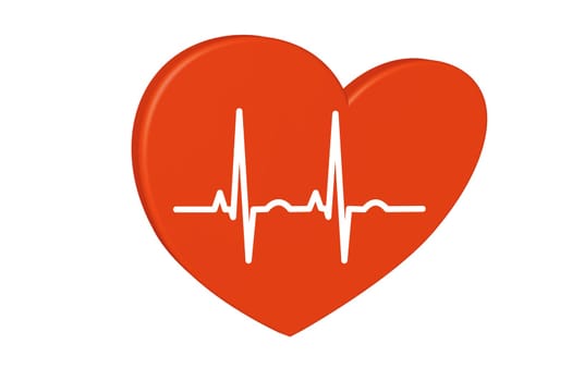 Red heart on a white background. Pulse rate chart. Electrocardiogram. Prevention of heart disease as a 3D rendering.