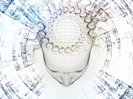 3D Rendering - Mind Field series. Design made of head of wire mesh human model and fractal patters to serve as backdrop for projects related to artificial intelligence, science and technology