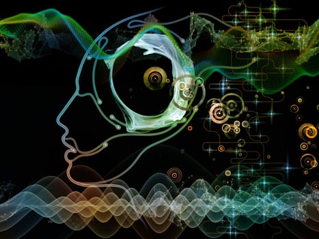 Digital Mind series. Background design of silhouette of human face and technology symbols on the subject of computer science, artificial intelligence and communications