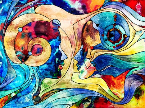 Stained Glass Forever series. Background design of color fragments, shape patterns and symbols on the subject of art, space division and design