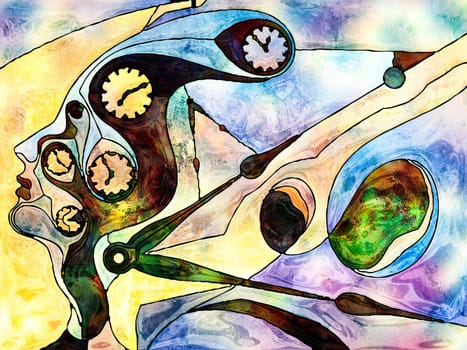 Stained Glass Forever series. Interplay of human profile and clock elements on the subject of time, age, mental life and internal reality.