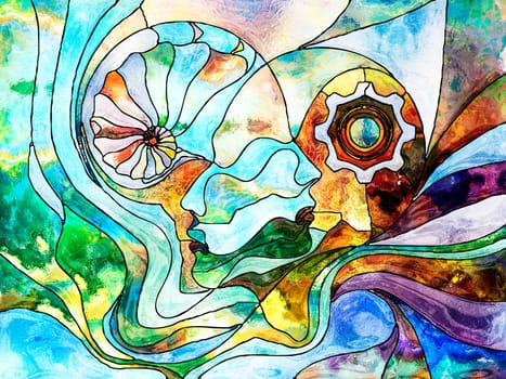 Stained Glass Forever series. Background design of color fragments, shape patterns and symbols on the subject of art, space division and design