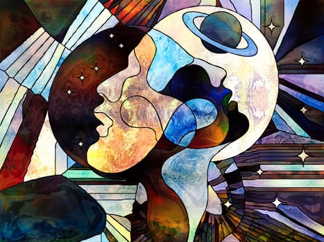 Stained Glass Forever series. Male and female heads looking into each other, with colorful patterns and symbols of the Universe on the subject of science, internal reality and unity of life.