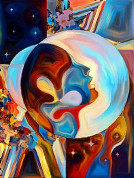 Stained Glass Forever series. Male head looking up, amidst colorful patterns and symbols of the Universe on the subject of education, knowledge and unity of Nature.