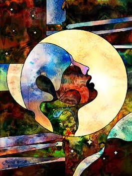 Stained Glass Forever series. Male profile looking up, with colorful patterns and symbols of the Universe on the subject of science, internal reality and unity of life.
