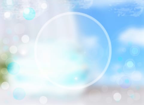 Bright colorful lights and bubbles. A wonderful summerday with little clouds. Abstract bokeh. Useful background.