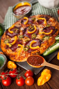 Fresh italian pizza on wood. Fast food