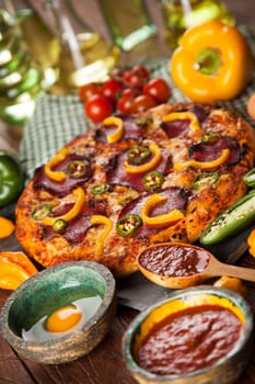 Fresh italian pizza on wood. Fast food