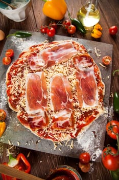 Delicious pizza served on wooden table