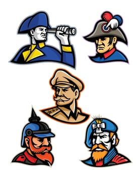 Mascot icon illustration set of heads of military officers and emperors like the British admiral, French emperor, American general, Prussian or German officer and the Jacobite highlander  viewed from  on isolated background in retro style.