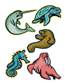 Mascot icon illustration set of aquatic animals and marine mammals like the narwhal or narwhale, ridley sea turtle, manatee or sea cow, sea horse or seahorse and the walrus  viewed from side on isolated background in retro style.