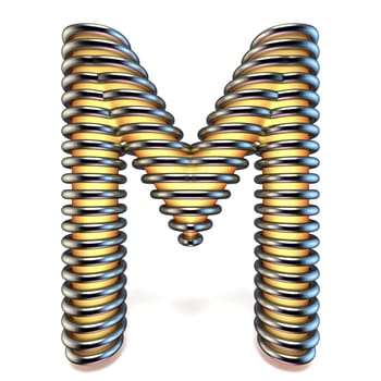 Orange yellow letter M in metal cage 3D render illustration isolated on white background